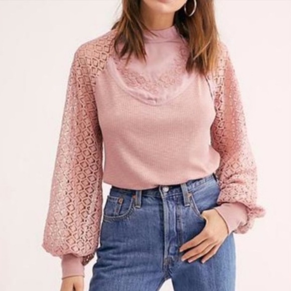 Free People | s | pink lace thermal, sweetest thing top, balloon long sleeves - Picture 6 of 8